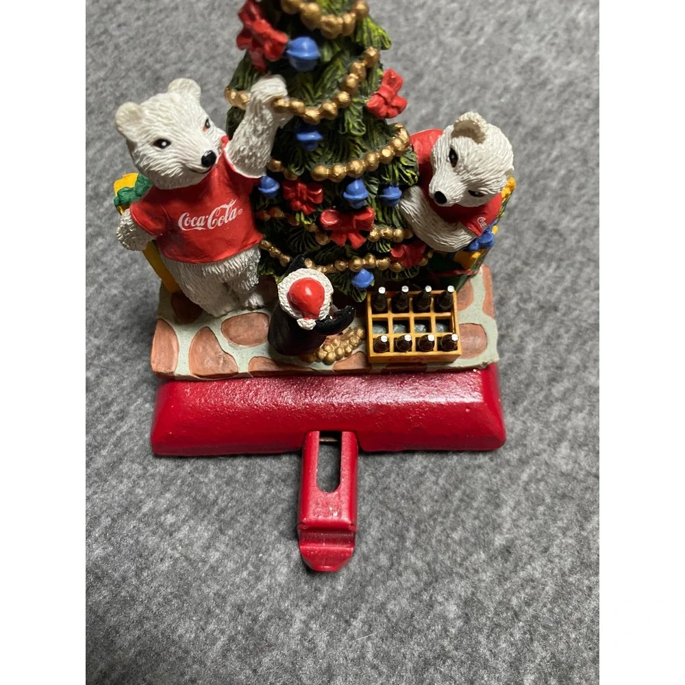 Vintage 1997 Coca-Cola Polar Bear Christmas Tree Stocking Holder Cast Iron Base